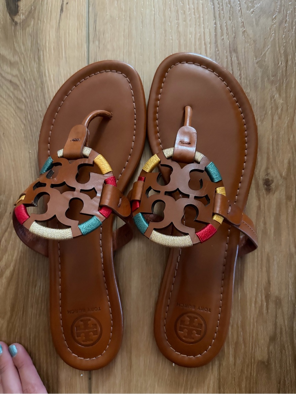 Tory Burch Brown Leather Sandals with Multicolor Embroidery
